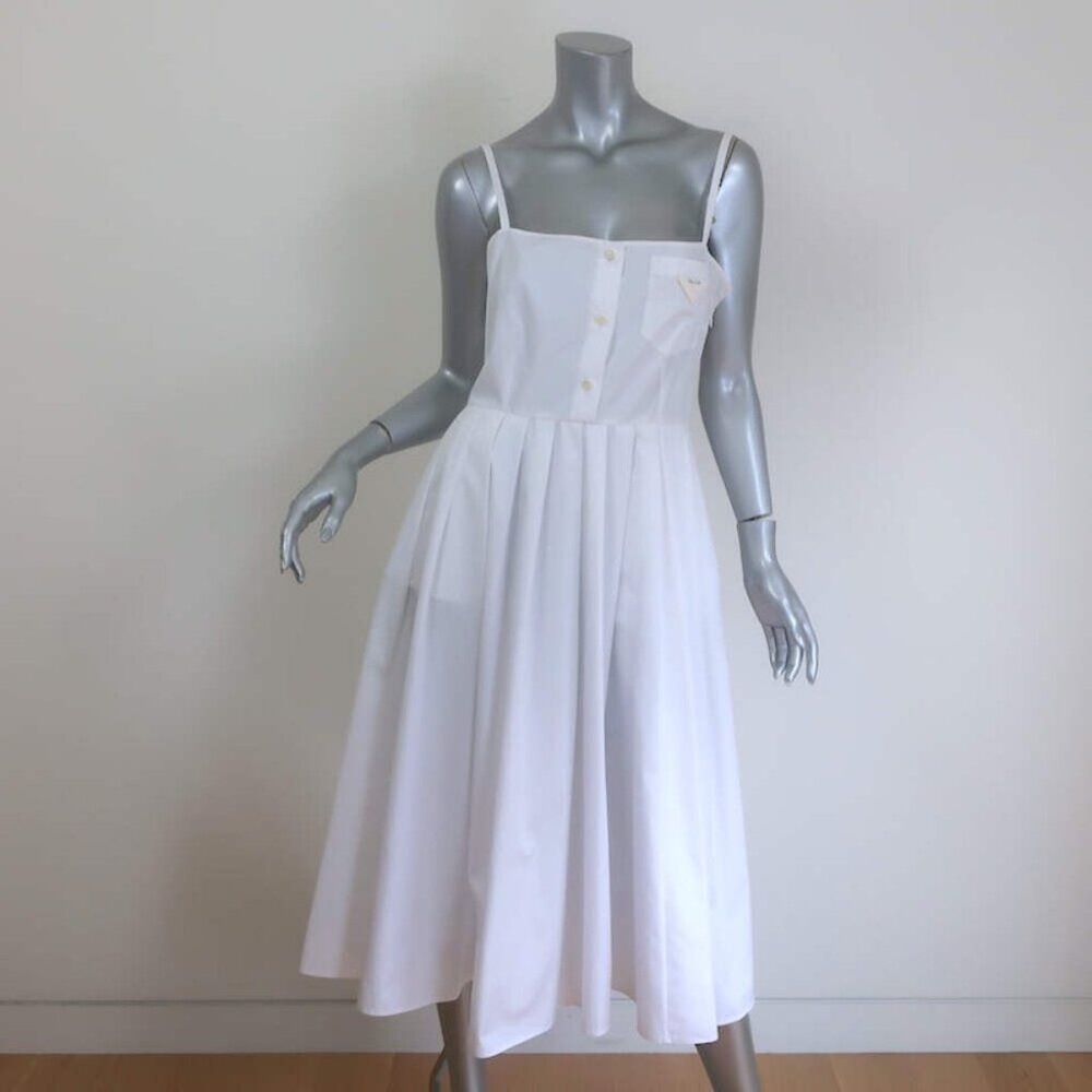 Prada Convertible Pleated Midi Dress White Cotton Poplin Size 40 NEW - Picture 3 of 9